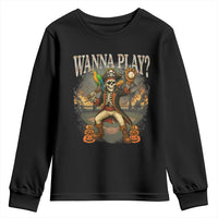 Halloween Baseball Youth Sweatshirt Funny Wanna Play Dabbing Pirate Skeleton Catcher - Wonder Print Shop