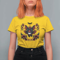 Cute Bat Floral Folk Art T Shirt For Women Gothic Spooky Dia De Los Muertos Gift