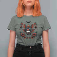 Cute Bat Floral Folk Art T Shirt For Women Gothic Spooky Dia De Los Muertos Gift