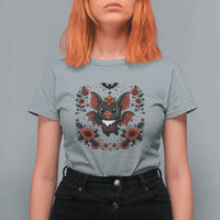 Cute Bat Floral Folk Art T Shirt For Women Gothic Spooky Dia De Los Muertos Gift