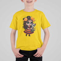 Day Of The Dead Latina T Shirt For Kid Cute Girl With Skeleton Kitten Floral Skull - Wonder Print Shop