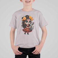 Day Of The Dead Latina T Shirt For Kid Cute Girl With Skeleton Kitten Floral Skull - Wonder Print Shop