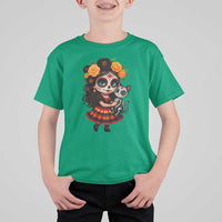 Day Of The Dead Latina T Shirt For Kid Cute Girl With Skeleton Kitten Floral Skull - Wonder Print Shop