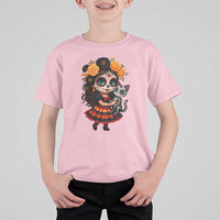 Day Of The Dead Latina T Shirt For Kid Cute Girl With Skeleton Kitten Floral Skull - Wonder Print Shop