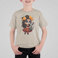 Day Of The Dead Latina T Shirt For Kid Cute Girl With Skeleton Kitten Floral Skull - Wonder Print Shop