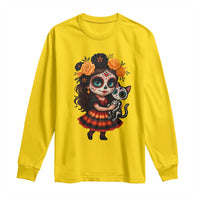 Day Of The Dead Latina Long Sleeve Shirt Cute Girl With Skeleton Kitten Floral Skull - Wonder Print Shop