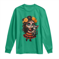 Day Of The Dead Latina Long Sleeve Shirt Cute Girl With Skeleton Kitten Floral Skull - Wonder Print Shop