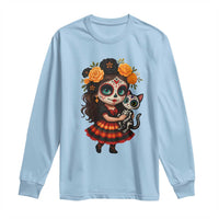 Day Of The Dead Latina Long Sleeve Shirt Cute Girl With Skeleton Kitten Floral Skull - Wonder Print Shop