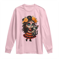 Day Of The Dead Latina Long Sleeve Shirt Cute Girl With Skeleton Kitten Floral Skull - Wonder Print Shop