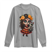 Day Of The Dead Latina Long Sleeve Shirt Cute Girl With Skeleton Kitten Floral Skull - Wonder Print Shop