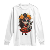 Day Of The Dead Latina Long Sleeve Shirt Cute Girl With Skeleton Kitten Floral Skull - Wonder Print Shop