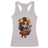 Day Of The Dead Latina Racerback Tank Top Cute Girl With Skeleton Kitten Floral Skull - Wonder Print Shop
