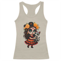 Day Of The Dead Latina Racerback Tank Top Cute Girl With Skeleton Kitten Floral Skull - Wonder Print Shop