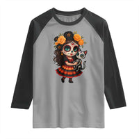 Day Of The Dead Latina Raglan Shirt Cute Girl With Skeleton Kitten Floral Skull - Wonder Print Shop