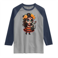 Day Of The Dead Latina Raglan Shirt Cute Girl With Skeleton Kitten Floral Skull - Wonder Print Shop