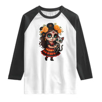 Day Of The Dead Latina Raglan Shirt Cute Girl With Skeleton Kitten Floral Skull - Wonder Print Shop