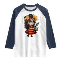 Day Of The Dead Latina Raglan Shirt Cute Girl With Skeleton Kitten Floral Skull - Wonder Print Shop