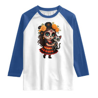 Day Of The Dead Latina Raglan Shirt Cute Girl With Skeleton Kitten Floral Skull - Wonder Print Shop