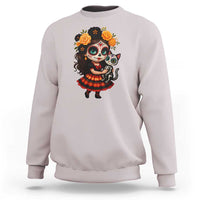 Day Of The Dead Latina Sweatshirt Cute Girl With Skeleton Kitten Floral Skull - Wonder Print Shop