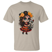 Day Of The Dead Latina T Shirt Cute Girl With Skeleton Kitten Floral Skull - Wonder Print Shop
