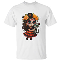Day Of The Dead Latina T Shirt Cute Girl With Skeleton Kitten Floral Skull - Wonder Print Shop