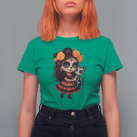 Day Of The Dead Latina T Shirt For Women Cute Girl With Skeleton Kitten Floral Skull - Wonder Print Shop