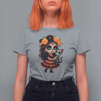 Day Of The Dead Latina T Shirt For Women Cute Girl With Skeleton Kitten Floral Skull - Wonder Print Shop