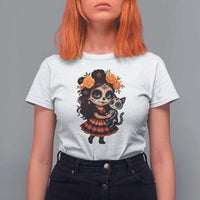 Day Of The Dead Latina T Shirt For Women Cute Girl With Skeleton Kitten Floral Skull - Wonder Print Shop