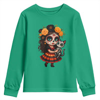 Day Of The Dead Latina Youth Sweatshirt Cute Girl With Skeleton Kitten Floral Skull - Wonder Print Shop