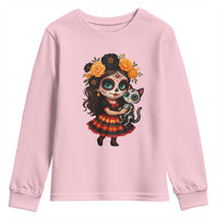 Day Of The Dead Latina Youth Sweatshirt Cute Girl With Skeleton Kitten Floral Skull - Wonder Print Shop