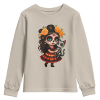 Day Of The Dead Latina Youth Sweatshirt Cute Girl With Skeleton Kitten Floral Skull - Wonder Print Shop