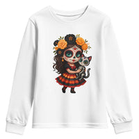 Day Of The Dead Latina Youth Sweatshirt Cute Girl With Skeleton Kitten Floral Skull - Wonder Print Shop