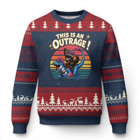 This Is An Outrage Cat Riding Dinosaur Ugly Christmas Sweater Sci-Fi Book Lover Gift