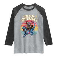 This Is An Outrage Cat Riding Dinosaur Raglan Shirt Sci-Fi Book Lover Gift