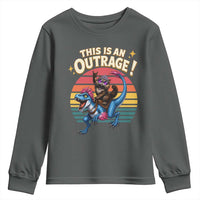 This Is An Outrage Cat Riding Dinosaur Youth Sweatshirt Sci-Fi Book Lover Gift