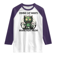 Funny Zombie Cat Wants Brains Right Meow Raglan Shirt Halloween Zombie Kitten - Wonder Print Shop
