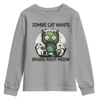 Funny Zombie Cat Wants Brains Right Meow Youth Sweatshirt Halloween Zombie Kitten - Wonder Print Shop