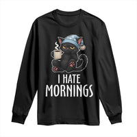 Funny I Hate Mornings Long Sleeve Shirt Cute Lazy Cat Drink Coffee - Wonder Print Shop