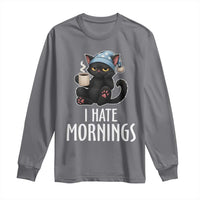 Funny I Hate Mornings Long Sleeve Shirt Cute Lazy Cat Drink Coffee - Wonder Print Shop