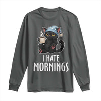 Funny I Hate Mornings Long Sleeve Shirt Cute Lazy Cat Drink Coffee - Wonder Print Shop