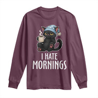 Funny I Hate Mornings Long Sleeve Shirt Cute Lazy Cat Drink Coffee - Wonder Print Shop