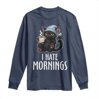 Funny I Hate Mornings Long Sleeve Shirt Cute Lazy Cat Drink Coffee - Wonder Print Shop