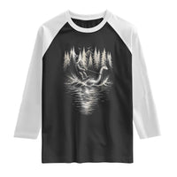 Funny Bigfoot Water Skiing Behind Nessie Raglan Shirt Cryptid Lover