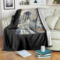 Funny Bigfoot Water Skiing Behind Nessie Throw Blanket Ukiyoe Inspired Wave Art