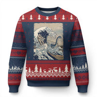 Funny Bigfoot Water Skiing Behind Nessie Ugly Christmas Sweater Ukiyoe Inspired Wave Art