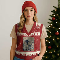 Funny Bigfoot Water Skiing Behind Nessie V-Neck Knit Sweater Vest Ukiyoe Inspired Wave Art