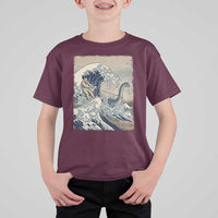 Funny Bigfoot Water Skiing Behind Nessie T Shirt For Kid Ukiyoe Inspired Wave Art