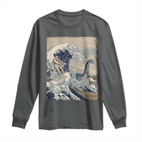 Funny Bigfoot Water Skiing Behind Nessie Long Sleeve Shirt Ukiyoe Inspired Wave Art