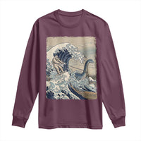 Funny Bigfoot Water Skiing Behind Nessie Long Sleeve Shirt Ukiyoe Inspired Wave Art