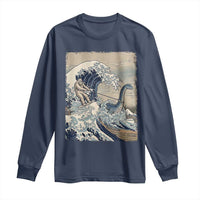 Funny Bigfoot Water Skiing Behind Nessie Long Sleeve Shirt Ukiyoe Inspired Wave Art